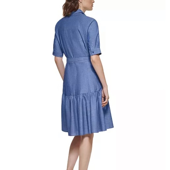 Calvin Klein Blue Denim Belted A-line Ruffled Dress - Picture 3 of 12